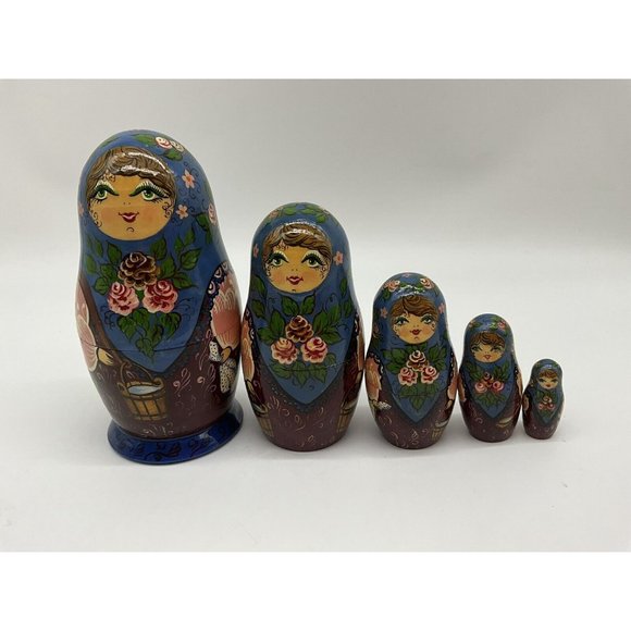 Russian Handpainted Wooden Nesting Dolls - Set of 5 - Tallest is 6" Dated 1992 - Picture 6 of 16